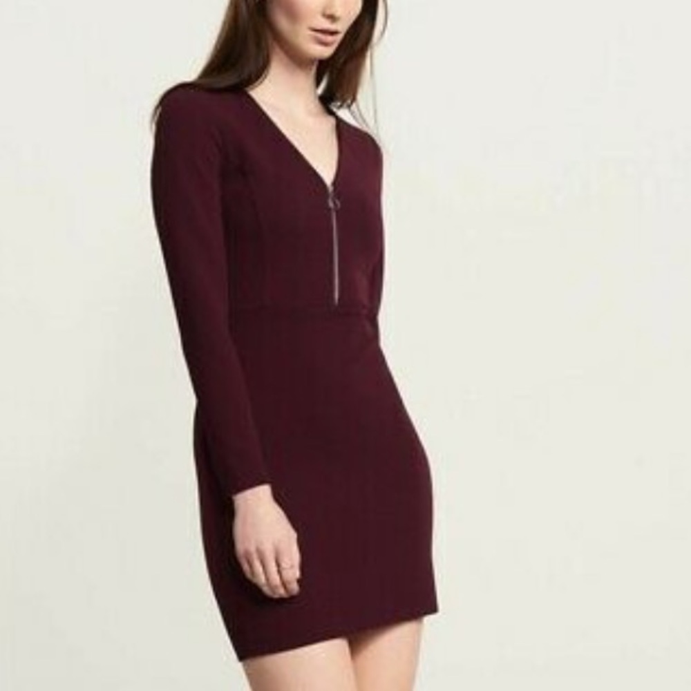 Dynamite Burgundy Fitted Long Sleeve Dress w Front Zip Detail | S​​